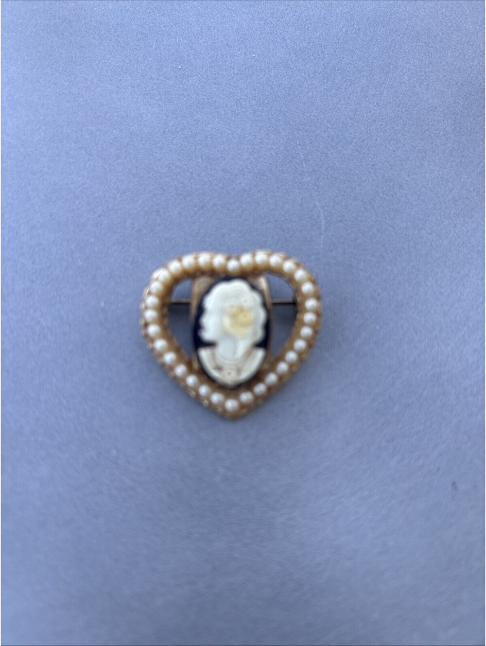 Vintage Cameo Heart Shape Brooch, Gold Tone Faux Pearl Lapel Pin